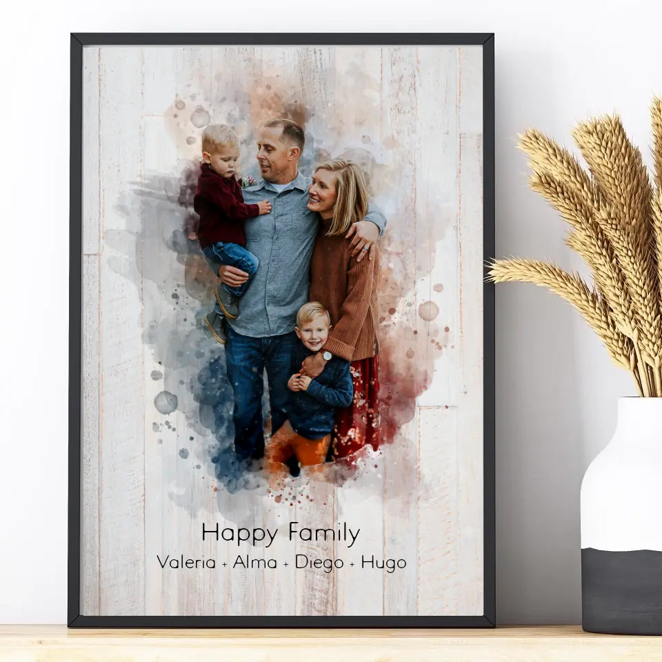 Tu foto de familia en estilo acuarela | Regalo personalizable para dia del madre y padre