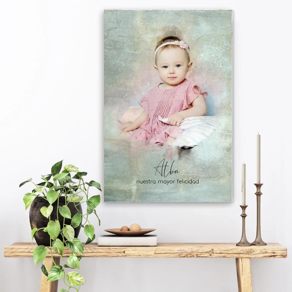 Foto de tu bebé en estilo acuarela | Regalo personalizable para bautizo o nacimiento