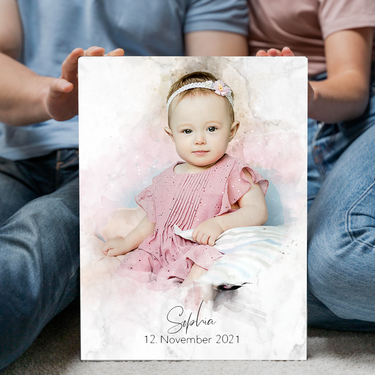 Foto de tu bebé en estilo acuarela | Regalo personalizable para bautizo o nacimiento