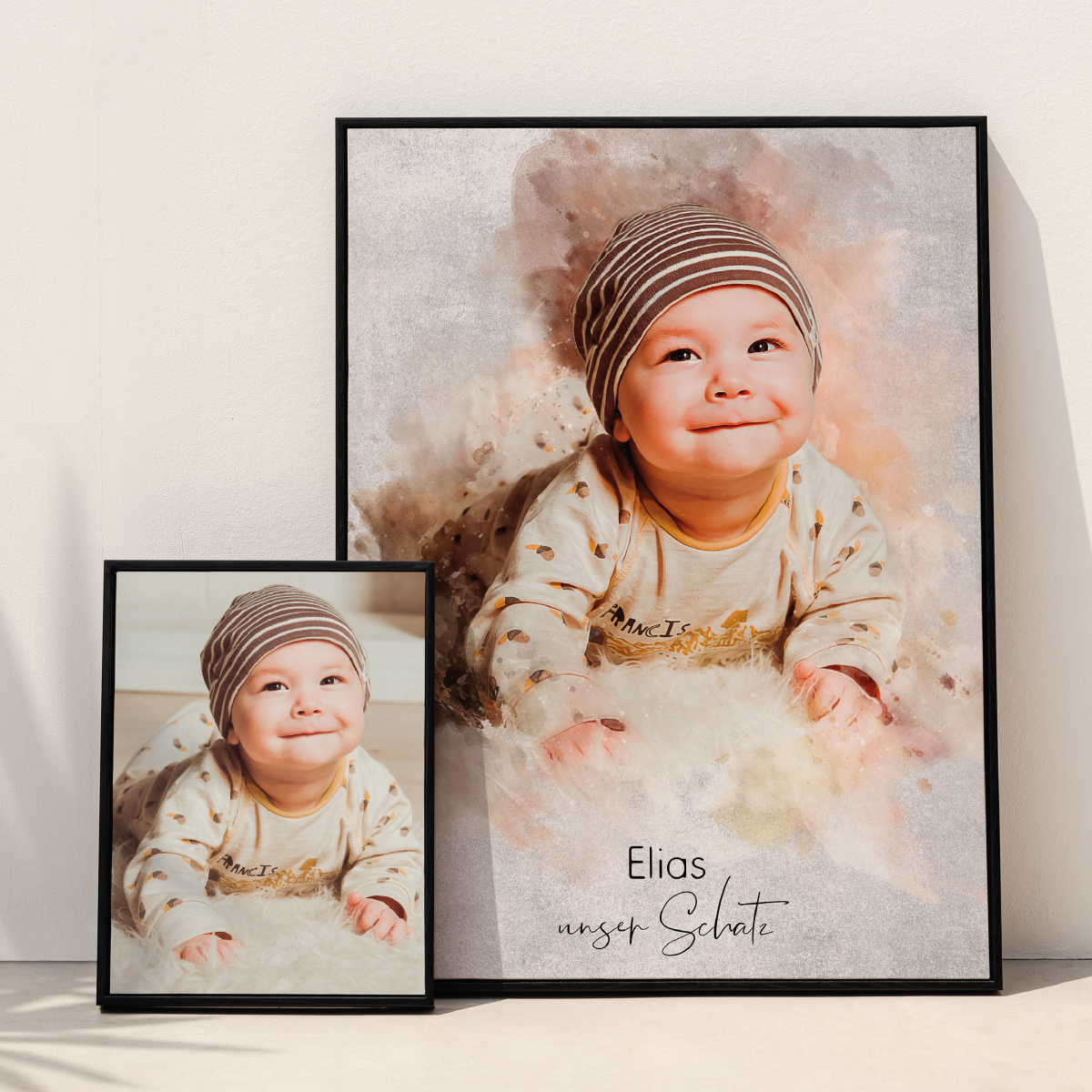 Foto de tu bebé en estilo acuarela | Regalo personalizable para bautizo o nacimiento